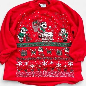 Vintage Precious Gems Red Christmas Panda Glitter Puffy Paint Holiday Pajamas OS